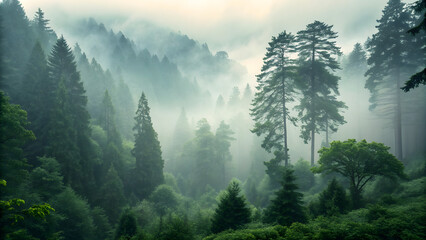 Mist-Veiled Forest Majesty: A dense forest shrouded in ethereal mist and fog.Tall trees tower above, creating a scene of tranquility and mystery in wilderness landscape.