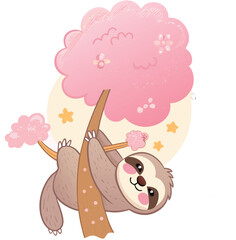 Sleepy Sloth Hanging from Cotton Candy Tree Surrounded by Fireflies and Dreamy Pastel Stars in Whimsical Kawaii Flat Style Illustration.