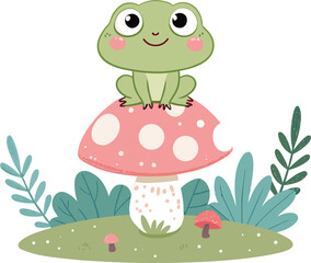 Cute Oversized Frog Sitting on a Mushroom in a Whimsical Garden Flat Kawaii Style Illustration with Playful and Adorable Vibes.
