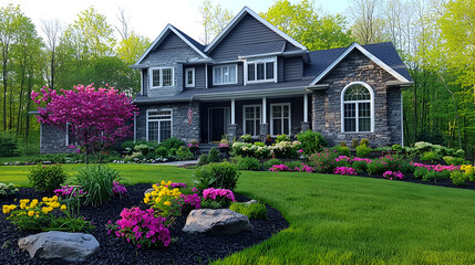 Home and healthy front yard during late spring season 