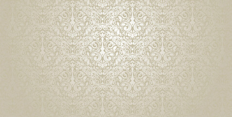 Baroque damask vector with ornamental swirls and vintage flourishes. Beige and silver tones. Includes a working seamless pattern in the swatches panel.