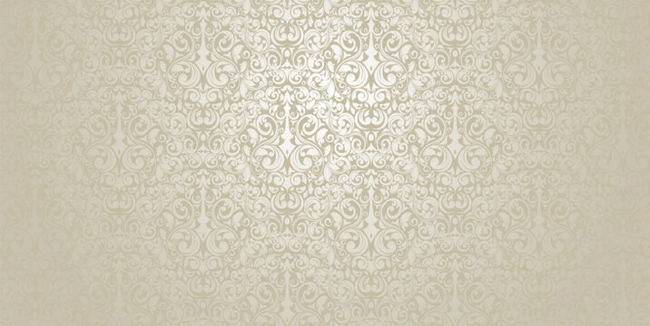 Baroque damask vector with ornamental swirls and vintage flourishes. Beige and silver tones. Includes a working seamless pattern in the swatches panel.