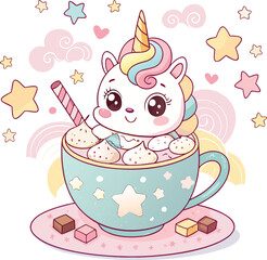 Chubby Unicorn Sitting in a Teacup Filled with Whipped Cream and Marshmallows Surrounded by Stars and Rainbow Steam Swirls in Flat Kawaii Style Illustration.