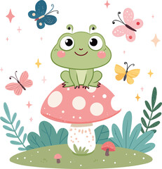 Cute Oversized Frog Sitting on a Mushroom in a Whimsical Garden Surrounded by Butterflies and Sparkles in Flat Kawaii Style Illustration.