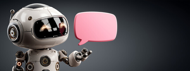 Realistic marketing robot holding a message bubble