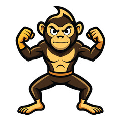 Strong muscular cartoon monkey flexing biceps with determined expression