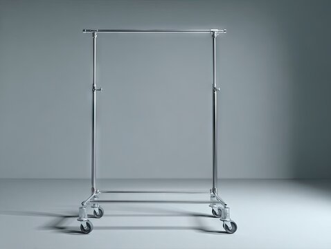 A freestanding, chrome-plated clothing rack on wheels, minimalist design, set against a neutral gray backdrop in a simple studio setting