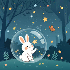 Fluffy Bunny Sitting in a Floating Bubble Above a Magical Forest Waving at Butterflies and Shooting Stars in Flat Kawaii Style Illustration.