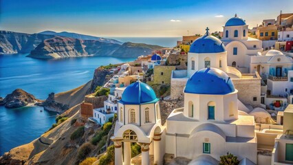 Ancient Greek ruins with blue-domed churches and whitewashed buildings in the picturesque village of Oia, Aegean Sea , Greek village