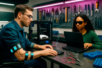 Two engineers testing wearable device with electronics and 3D printer in tech lab with purple-lit background and creative equipment layout. Ai generative