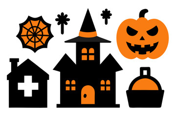 Halloween Vector Illustration with Pumpkin Spiderweb Haunted House and Moon