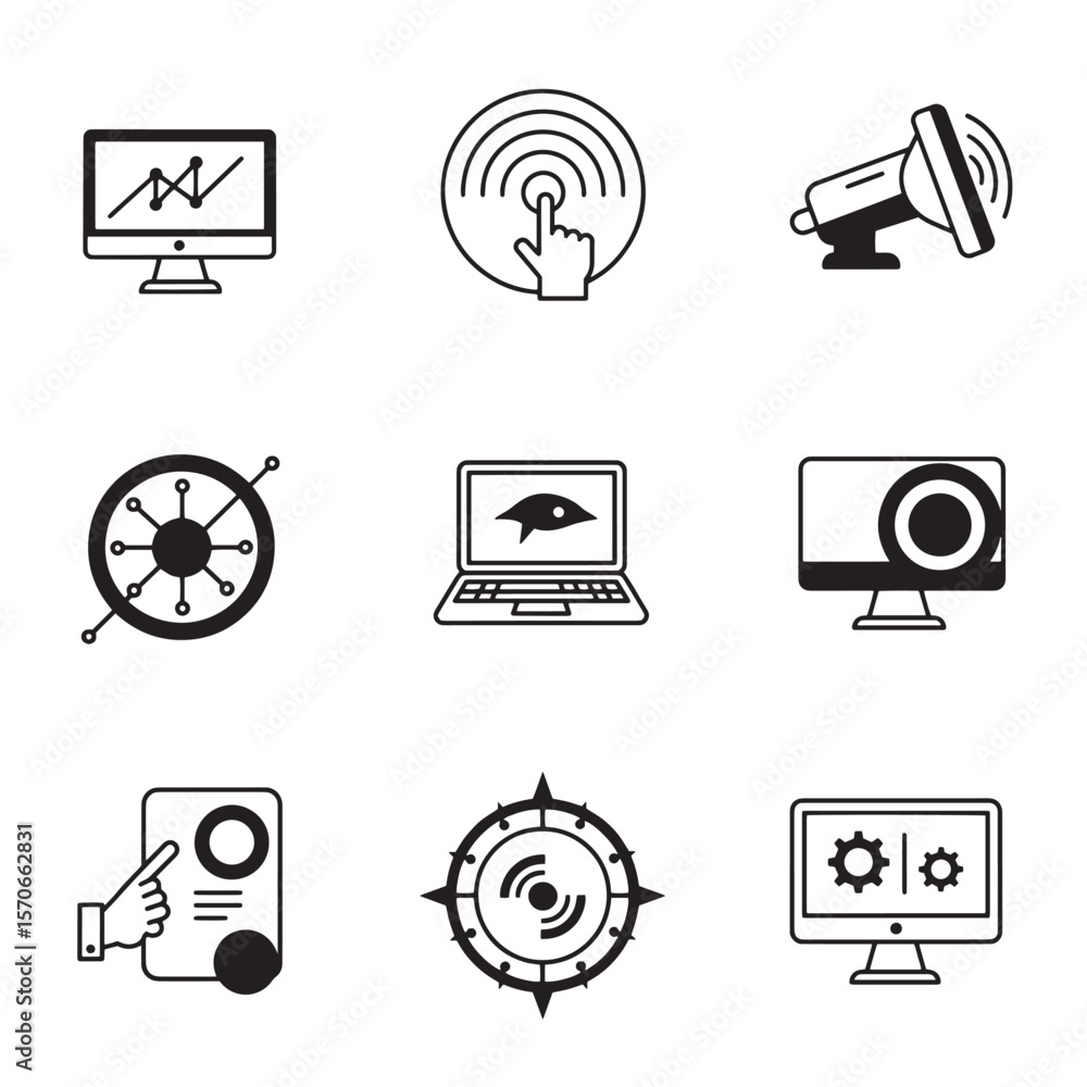 Poster vector graphic icons representing technology data analysis and communication elements