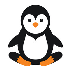 Cute cartoon penguin sitting with orange feet and beak on white background