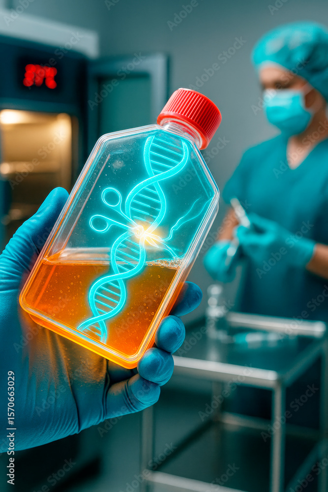 Poster gloved hand holding a lab bottle with glowing dna and scissors symbol, scientist in background sugge