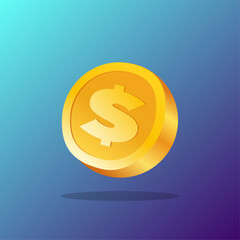cartoon gold coin flat vector illustration for casino slots on gradient background
