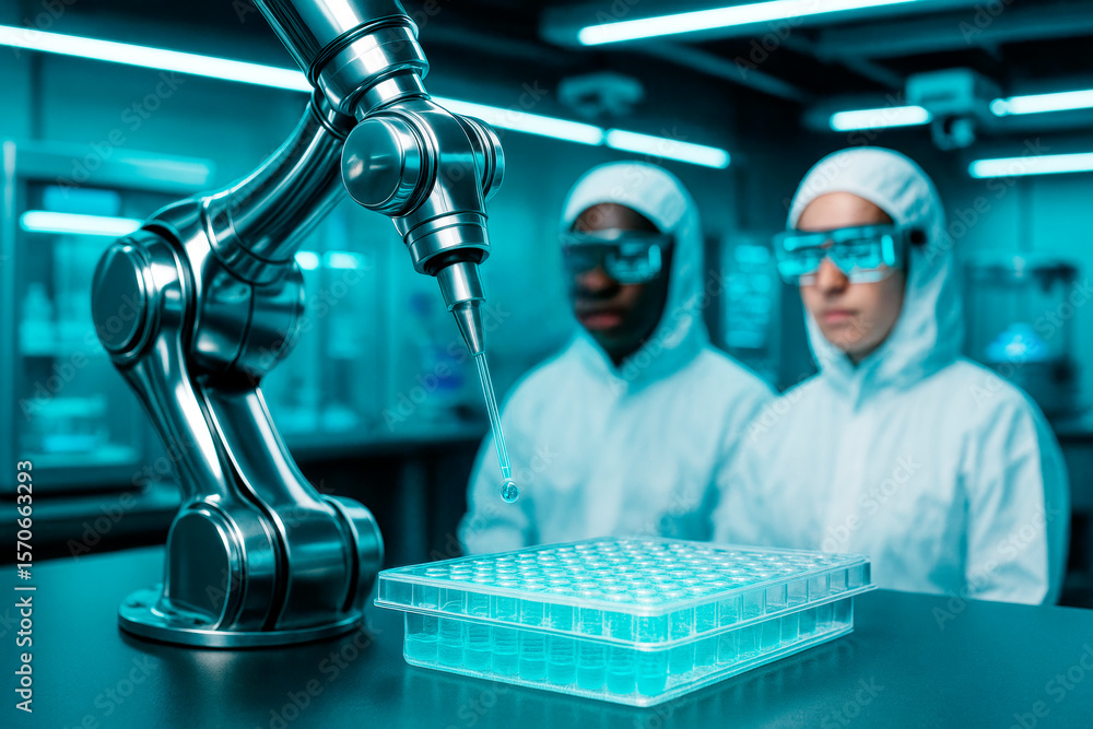 Poster futuristic robotic arm performing precise liquid handling in high-tech laboratory with scientists in