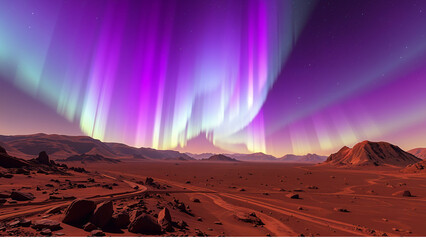 The Martian aurora dances on Terra Cimmeria. Purple-green lights are produced by solar particles interacting with the thin carbon dioxide atmosphere. Rocky terrain with Opportunity's tracks visible.