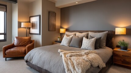 Guest bedroom in bronze and taupe, edge-lit furniture with soft top-shadow transitions, leather armchair with high texture fidelity,