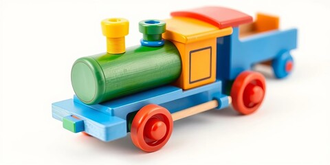 Fototapeta premium Brightly colored wooden toy train on white background, cheerful, white
