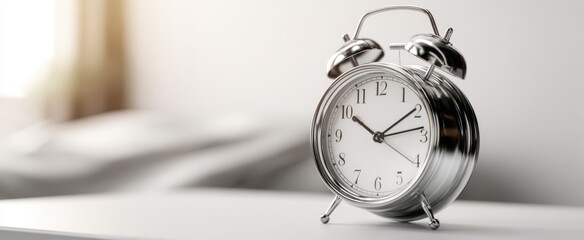 The elegant silver alarm clock resting on a minimalist bedside table.