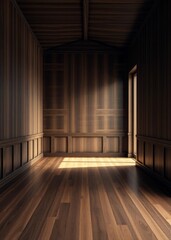 Dark wood paneled room with hardwood floor Empty room interior design architecture blank design room striking structures clean lines geometric shapes dramatic angles play of light and shadow