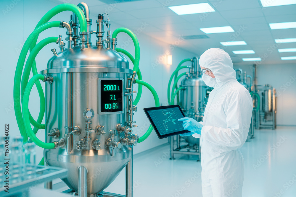 Poster scientist in sterile suit monitoring smart bioreactor system using tablet in high-tech laboratory wi