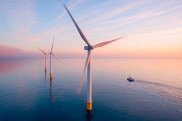 Offshore wind turbines spinning in tranquil sea at sunrise with boat passing by, soft pastel sky in background, sustainable energy concept. Ai generative