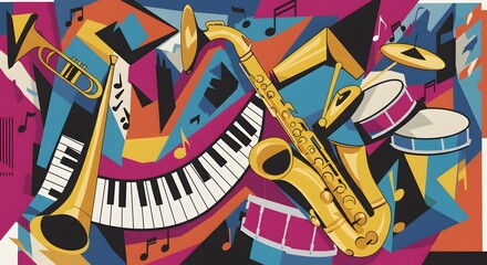 bright colors, musical instruments, energy, jazz, cubist style, digital art, spirited and animated representation of a jazz big band, formed exclusively from geometric shapes.