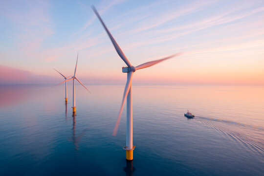 Offshore wind turbines spinning in tranquil sea at sunrise with boat passing by, soft pastel sky in background, sustainable energy concept. Ai generative