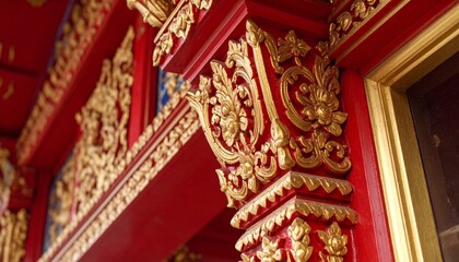 Fototapeta premium Close-up of ornate red and gold temple architecture with intricate carvings
