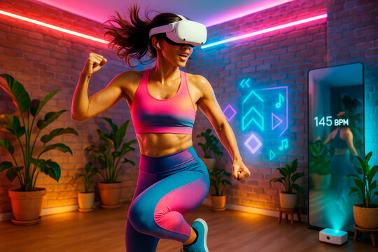 Woman exercising with VR headset in modern home gym with neon light background and digital fitness interface on smart mirror wall. Ai generative