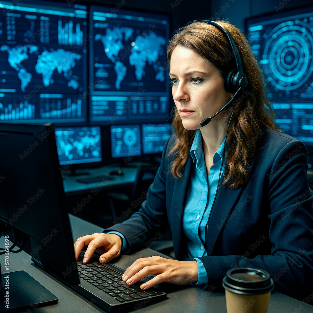 Poster focused female analyst with headset working at computer in cybersecurity control room with digital w