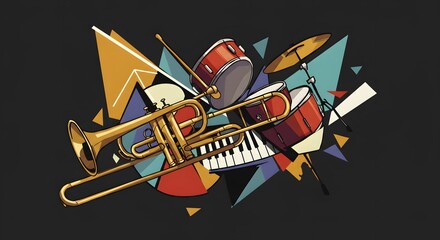 jazz cubist style, digital art, A spirited and animated representation of a jazz big band, formed exclusively from geometric shapes. bright colors, musical instruments, energy,
