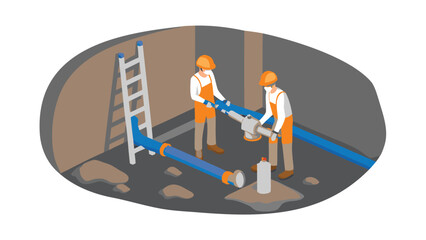 Two plumbers connecting blue pipes in a confined space with a ladder and a bottle present near them