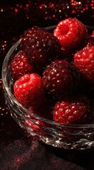A glass bowl of ripe raspberries sits on a dark, sparkly red surface; some raspberries are brighter red than others, showcasing variation in ripeness.  The lighting emphasizes the texture 