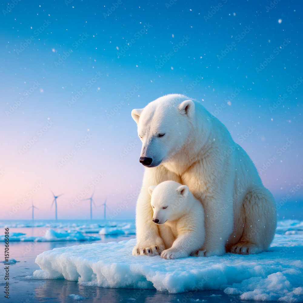 Poster polar bear and cub sitting on floating ice under snowy sky with wind turbines in background, symboli