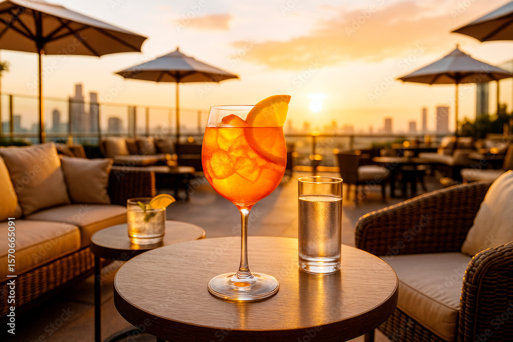 Poster refreshing cocktail with orange slices and ice on a rooftop lounge table at sunset with cozy seating