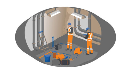 Two workers inspect pipes in a confined space with equipment and ladder in an elliptical view