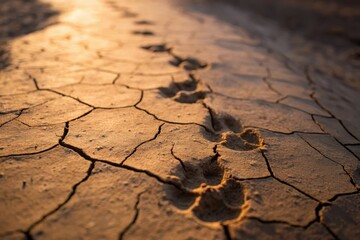 Obraz premium Fossilized Animal Footprints in Sunbaked Mud with Dramatic Side Angle View and Blurred Margin