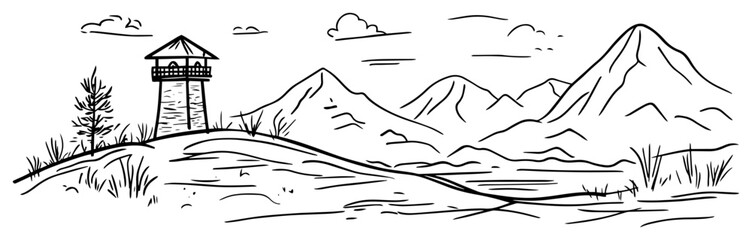 mountain landscape with tower line art vector