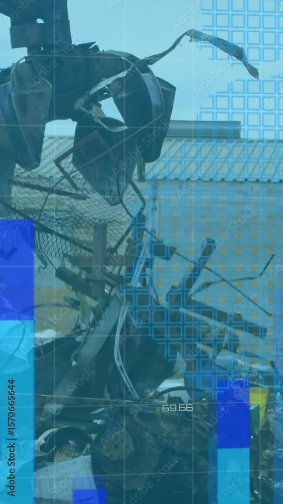 Aufkleber animation of financial data and graphs over machines on junkyard