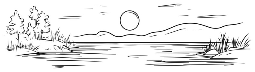tranquil lake sunset landscape line art vector panorama