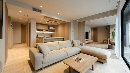 Fototapeta premium Japandi living room interior with cozy beige couch, modern minimalist design of apartment