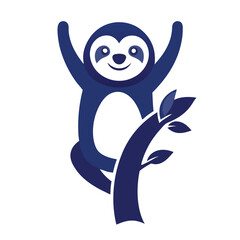 Happy blue sloth swinging on a tree branch with leaves
