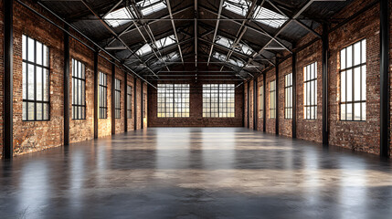 Industrial loft style empty old warehouse interior,brick wall,concrete floor and black steel roof structure