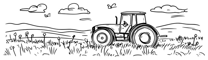 tractor in countryside field line art vector illustration