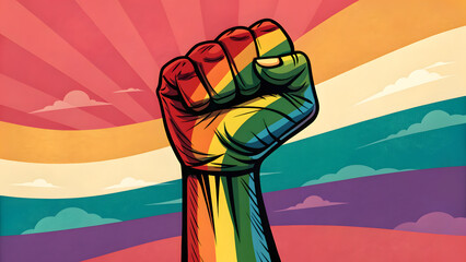 Pride and Unity: A fist is raised high, its colors radiating in a vibrant symbol of pride and unity. The artwork embodies the power of solidarity.