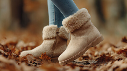 Cozy beige fuzzy boots with fur trim on autumn leaves. Woman in jeans walking through fall foliage. Comfortable warm footwear seasonal fashion lifestyle concept.