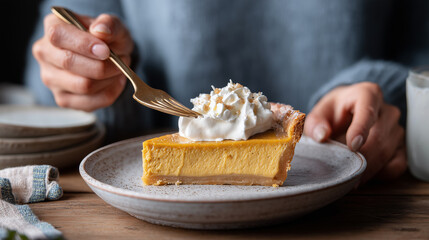 Traditional pumpkin pie slice with whipped cream on ceramic plate. Hands holding fork ready to eat autumn thanksgiving dessert with golden spiced filling.