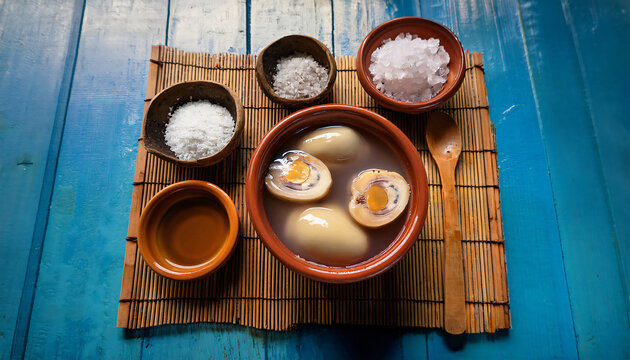 Colorful bowl of Filipino balut, halved to show the developing duck embryo, placed beside rock salt and vinegar in traditional earthenware on a bamboo mat
